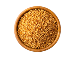 realistic top view of yellow mustard seeds in wooden bowl on isolated background png