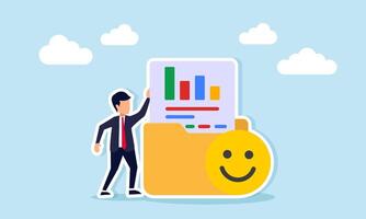 Businessman standing next to happy emoticon and document folder containing charts illustration of archive and market attention performance report documentation vector