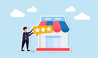 Businessman next to store holding chat dialog with three stars illustration of marketplace with good quality standards vector