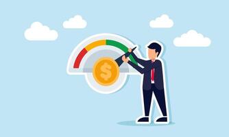 Businessman adjusting level indicator machine marked with dollar coin illustration of business financial performance vector