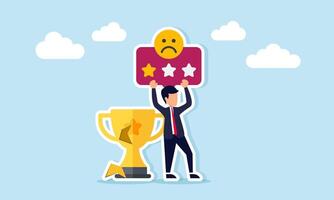 Businessman with a broken trophy holding a board with one star and a sad emoticon illustration of negative response due to failure to maintain status as leading company vector