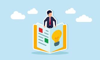 Businessman emerging from a guidebook with a lightbulb symbol illustration of guidelines for applying business ideas vector