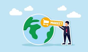 Businessman holding a board with shopping cart symbol and market text beside a globe illustrating market segmentation mitigation in global scale business vector