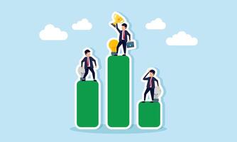 Businessmen stand on parts of a graph hold lit and broken lamps the highest also hold a trophy illustration of performance comparison between innovative and non innovative vector