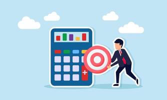 Businessman holding target board next to calculator showing chart illustration of calculation and business decision prediction vector
