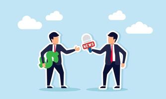 Journalist interviewing businessman holding a dollar sign illustration of interview about success in managing business company finances vector