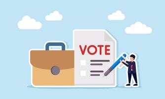Businessman carrying pen next to voting paper and briefcase illustration of vote to determine priority scale for business project completion vector