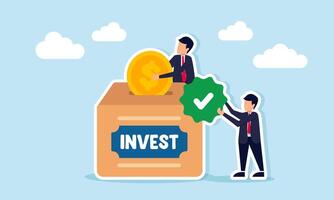 Businessman Putting Dollar Coin into Invest Box While Another Holds Checkmark Illustration of Trusted Business Investment vector