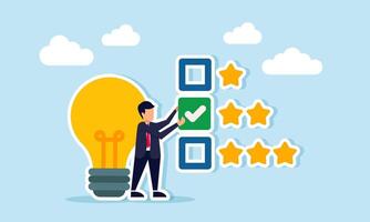 Businessman with lamp placing check mark on star list illustration of progress applying ideas to improve business quality vector
