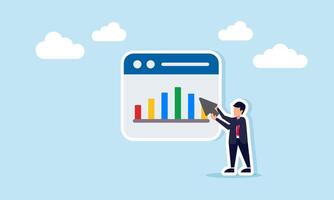 Businessman holding a cursor pointing at an application showing a chart illustration of monitoring and analyzing business performance data visualization vector