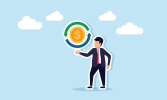 Businessman presenting dollar coin with continuous icon illustrating effective utilization of business financial assets vector