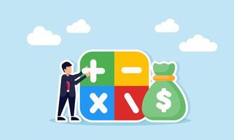 Businessman stacking math operator boxes beside money bag representing company financial calculation vector