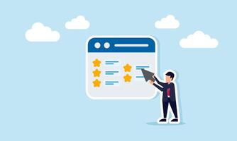 Businessman holding a cursor pointing at an application showing a star list illustration of analyzing business quality improvement progress vector