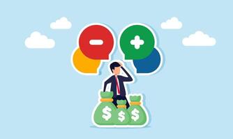 Businessman with money bags appearing confused with plus and minus chat icons illustrating uncertainty in calculating risks for selecting the right business investment vector