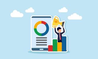 Businessman lifting trophy standing behind chart and next to smartphone displaying pie chart representing company success vector