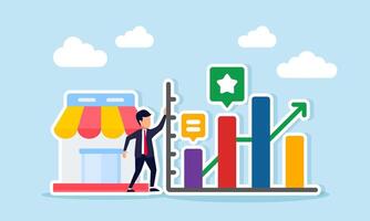 Businessman with a store standing next to a rising graph illustration of increasing business sales performance based on the chart vector