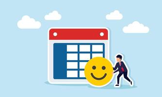 Businessman holding happy emoticon beside calendar schedule illustration of positive review and response related to business event schedule vector