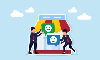 Businessman hold chat dialog with happy emoticon and another with sad emoticon both stand near store illustration of debate and disagreement about marketplace business management vector