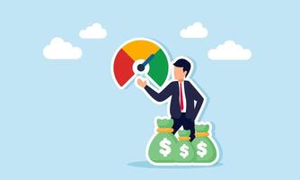 Businessman with several money bags showing level indicator machine illustration of good and stable business financial performance vector