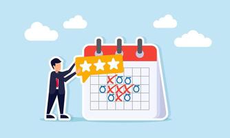 Businessman next to calendar schedule holding chat dialog with three stars illustration of timeline strategy to improve business quality standards vector