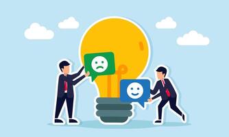 Businessman hold chat dialog with happy emoticon and another with sad emoticon both stand near lamp illustration of debate and disagreement about business idea suggestions vector