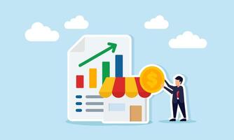 Businessman holding dollar coin beside store and paper with graph data illustration of taking profit from increasing marketplace business sales vector