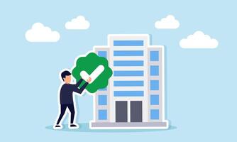 Businessman holding checkmark beside company building representing official business verification and validation vector