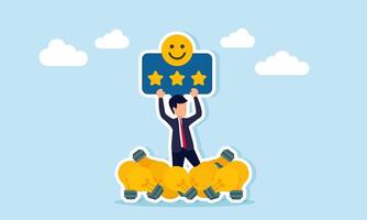 Businessman with a stack of lamps holding a board with three stars and a happy emoticon illustration of positive response to many incoming business ideas vector