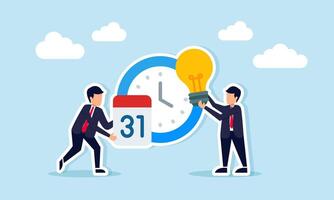 Businessman holding lightbulb and another with calendar standing in front of clock illustrating deadline strategy for implementing business ideas vector