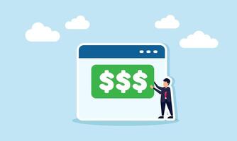 Businessman placing dollar sign board on application interface illustration of taking profit from digital based business vector