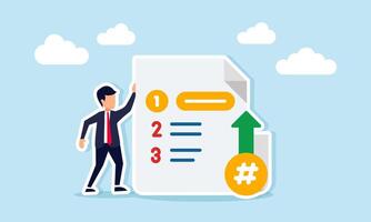 Businessman Standing Beside Document Paper Containing Task List Illustration of Business Project Progress and Priority Scale vector
