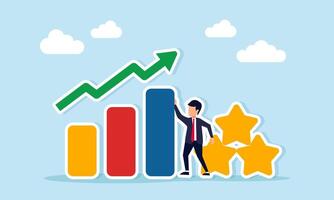 Businessman standing between rising chart and stack of stars illustration of progress in business quality standard improvement vector