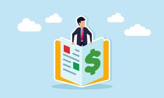 Businessman emerging from a guidebook with a dollar sign illustration of guidelines for making business investments vector