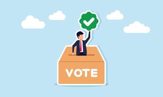 Businessman emerging from vote box holding checkmark illustration of vote verification and validation results vector