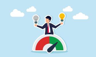Businessman emerging from performance level indicator holding lit lamp and unlit lamp illustrating confusion in determining the right business idea vector