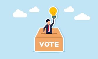 Businessman emerging from vote box holding lamp illustration of voting to decide business idea implementation vector