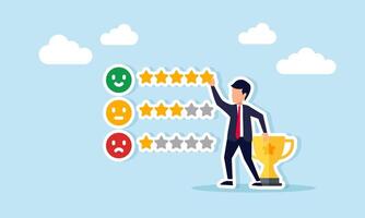 Businessman with trophy arranging five stars on review list illustration of good quality standards for becoming a leading company vector