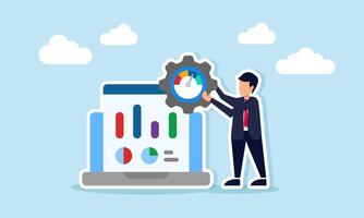 Businessman Holding Gear and Performance Gauge Beside Laptop Displaying Graph Illustrating Business Performance Monitoring and Analysis vector