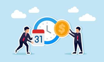 Businessman holding dollar coin and another with calendar standing in front of clock illustrating timeline strategy for time deposit investment vector