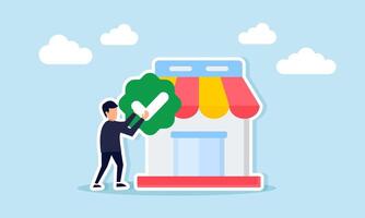 Businessman holding checkmark beside store representing official store verification and validation vector