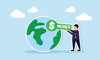Businessman holding a board with dollar symbol and finance text beside a globe illustrating take profit from businesses using natural resources vector