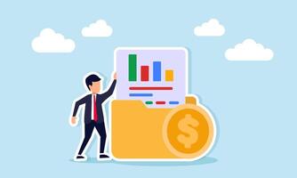 Businessman standing next to dollar coin and document folder containing charts illustration of archive and business financial performance report documentation vector