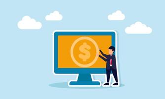 Businessman holding dollar sign beside monitor illustrating digital application interface for monitoring business financial assets or stock assets vector