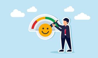 Businessman adjusting level indicator machine marked with happy emoticon illustration of market attention response performance to business product vector