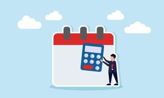 Businessman holding calculator next to calendar illustration of calculation and designing business schedule vector