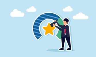 Businessman adjusting progress indicator needle marked with star illustration of business quality improvement progress vector