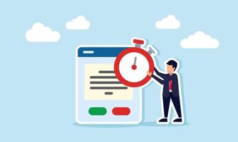 Businessman carrying stopwatch next to application interface illustration of deadline in completing digital based business project vector