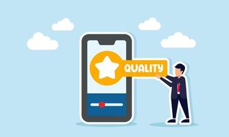 Businessman holding a board with star symbol and quality text beside smartphone illustrating business app quality standardization vector