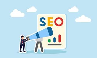 Businessman looking at paper with SEO text and graph illustration of monitoring and analyzing keyword optimization results by SEO vector