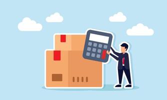 Businessman holding calculator next to stack of package boxes illustration of logistics business risk calculation vector